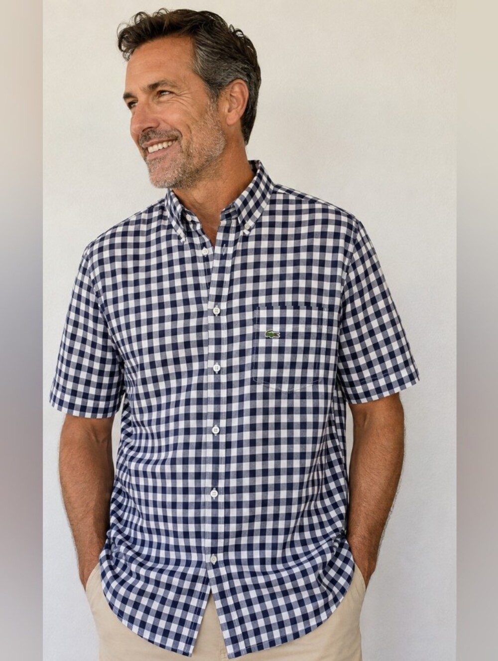 Lacoste Men’s XL 44 Regular Fit Navy Blue White Gingham Check Button Shirt
